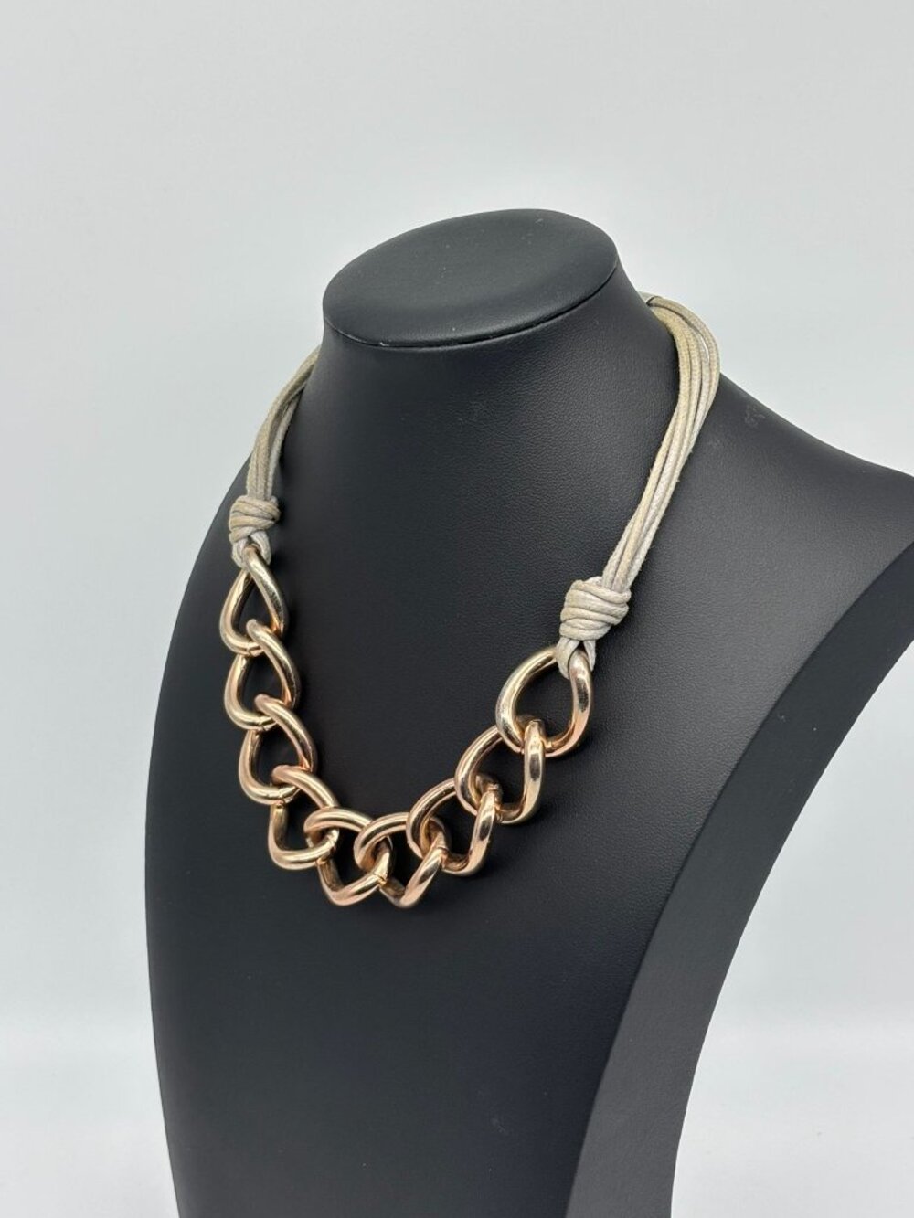 St. Thomas Necklace Chunky Large Rose Gold-Tone Curb Links Gray Cord, Adjustable - Picture 6 of 16